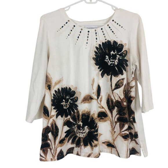 Alfred Dunner Floral Print Top Sz Small Studded Yoke Neckline 3/4 Sleeve Cotton - Picture 1 of 6